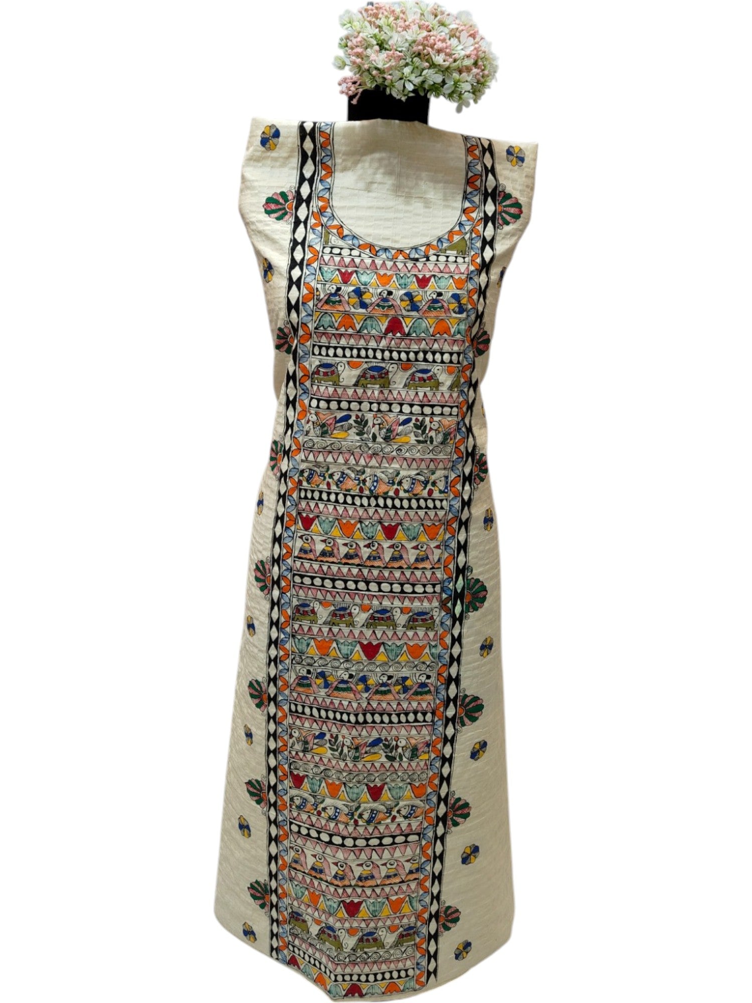 Hand-Painted Godhana Madhubani Unstitched Kurti – Ivory Cotton